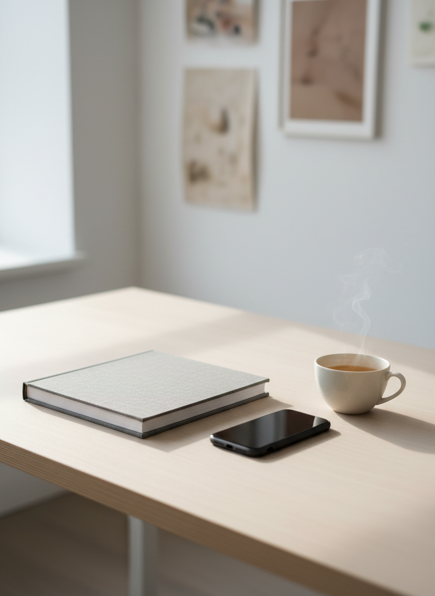 A calm, polished “Contact / About” scene staged on a minimalist desk, evoking MOMO YAMANISHI’s professional presence without showing a person. On a pale wooden surface sit a closed, linen-textured portfolio book in soft gray, a sleek, unmarked smartphone, and a simple ceramic cup of tea, steam barely visible. In the background, blurred artworks hang on a white wall, hinting at a studio-office hybrid. Gentle, diffused daylight from a nearby window bathes the objects in soft highlights, with delicate shadows that feel light and airy. The mood is inviting yet formal, suggesting careful communication and attention to detail. Shot from a slightly elevated angle with shallow depth of field, the composition places the portfolio book on a rule-of-thirds intersection, reinforcing the idea of a serious, well-organized artist in a contemporary photographic style.