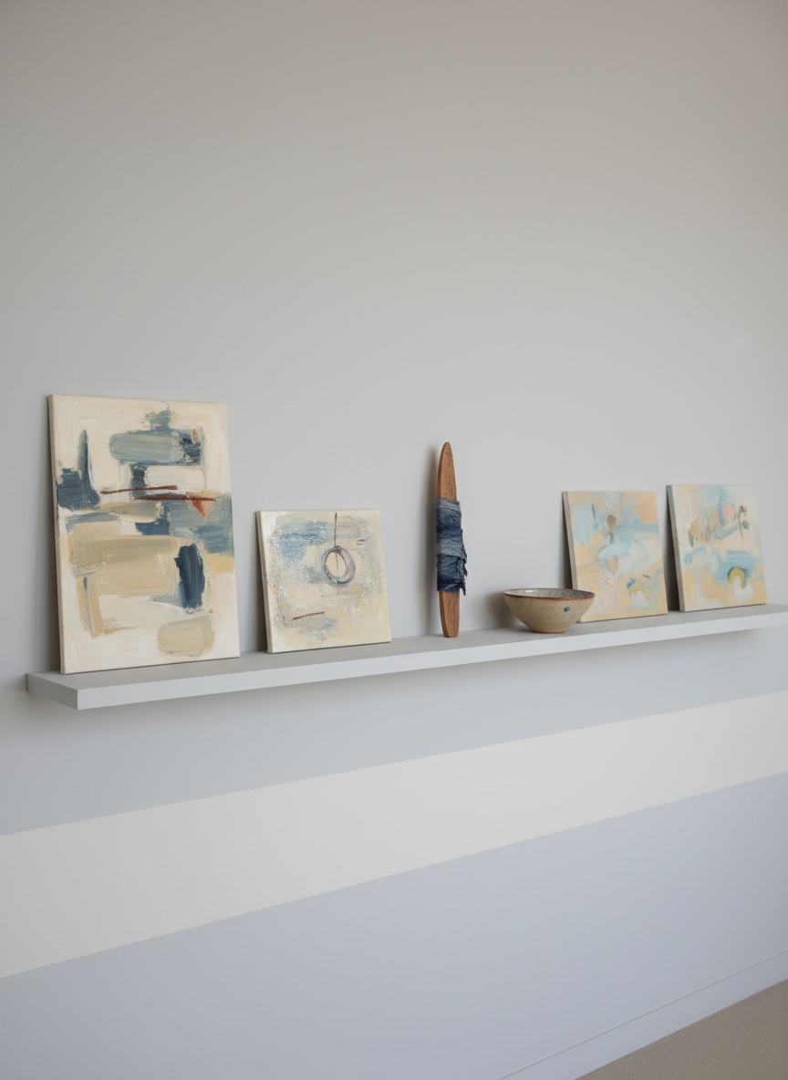 A series view of MOMO YAMANISHI’s works arranged as if for a “Series” index page: three related paintings and two small objects grouped thoughtfully on a long, floating shelf against a smooth, pale gray wall. Each piece shares a quiet color vocabulary of soft beiges, dusty blues, and faint rust accents, with varying degrees of abstraction and texture. Below, a minimalist caption strip is implied by a subtle band of lighter paint, avoiding actual text. Gentle, indirect daylight from the left creates soft gradients across the wall and faint reflections on any glazed surfaces. The mood is organized and intellectual yet warm. Shot from a slightly elevated angle with moderate depth of field, the photograph highlights relationships between works, suggesting careful curation and a professional portfolio structure.
