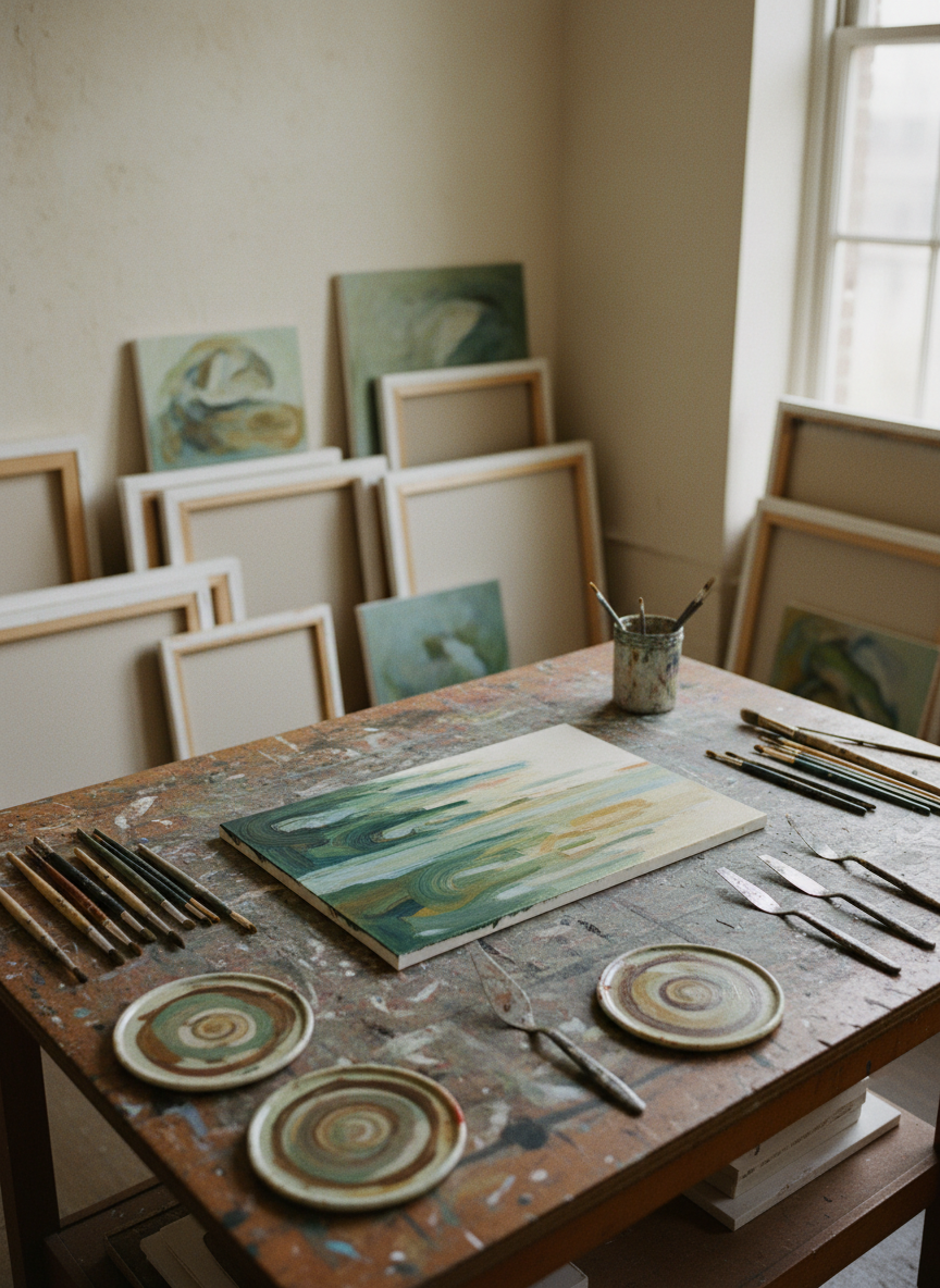 An intimate documentation scene inside MOMO YAMANISHI’s studio, focusing on the process rather than the artist. A sturdy, paint-marked worktable holds an in-progress small painting lying flat, its surface half-covered in layered, semi-transparent pigment. Around it are neatly arranged brushes, palette knives, and shallow ceramic palettes with dried color rings. In the background, finished artworks lean against the wall in ordered groups, suggesting series organization for portfolio presentation. Soft, north-facing window light washes over the table from the right, illuminating surface textures and creating gentle, directional shadows. The atmosphere is quiet, focused, and thoughtful. Photographed from a three-quarter overhead angle with shallow depth of field, the composition keeps the central artwork in crisp focus while the rest of the studio melts into a tasteful blur, conveying a refined, photographic realism style.
