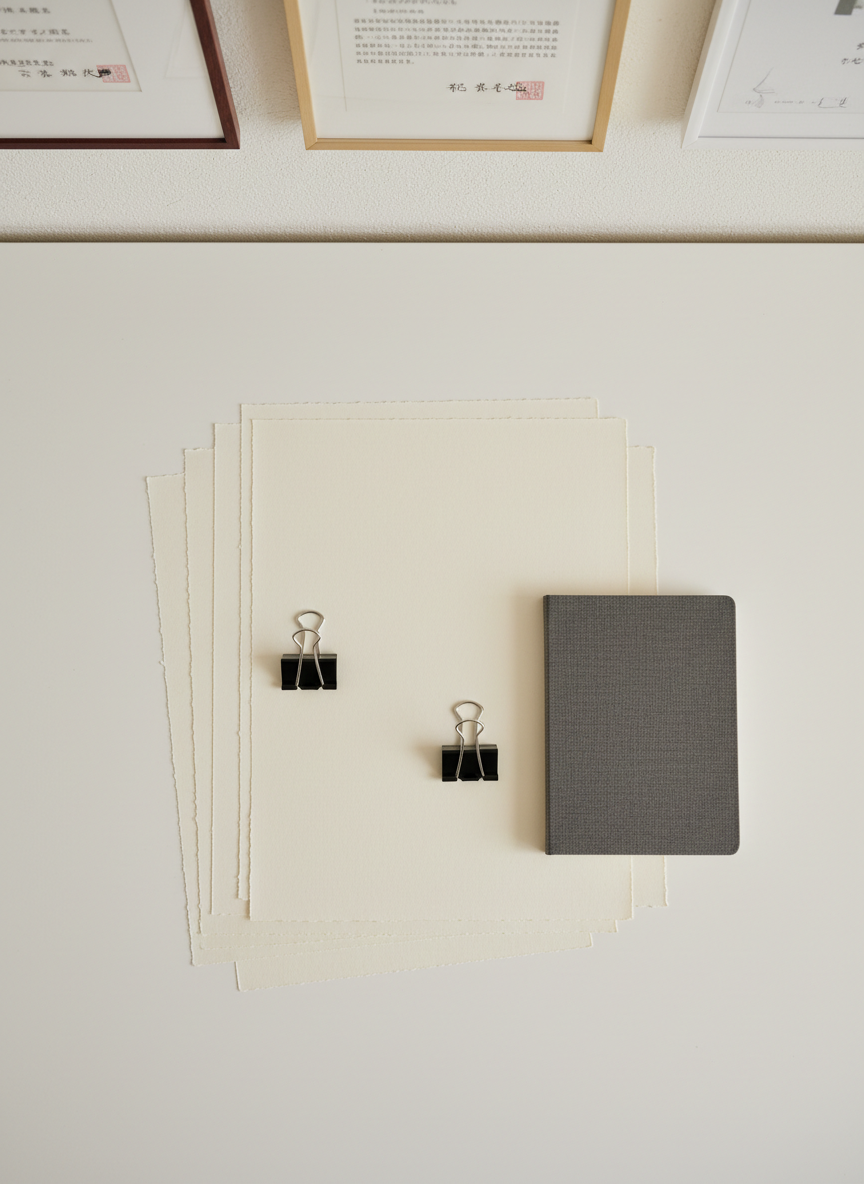 A precise CV / biography illustration focusing on objects that symbolize MOMO YAMANISHI’s professional history. On a smooth, off-white tabletop lie several overlapping sheets of heavy, blank paper arranged neatly, their edges forming subtle geometric patterns. Nearby rests a slim, closed, cloth-bound notebook and a pair of minimalist, black metal binder clips. At the top edge of the frame, a blurred suggestion of framed certificates and exhibition documentation hangs on a pale wall, kept deliberately unreadable. Soft studio lighting from above and slightly to the left creates gentle, even illumination, revealing the fine paper texture and casting minimal, refined shadows. The atmosphere is orderly and intellectual. Photographed directly from above with sharp focus across the surface, the composition suggests structure and professionalism suitable for a sophisticated Japanese art portfolio.
